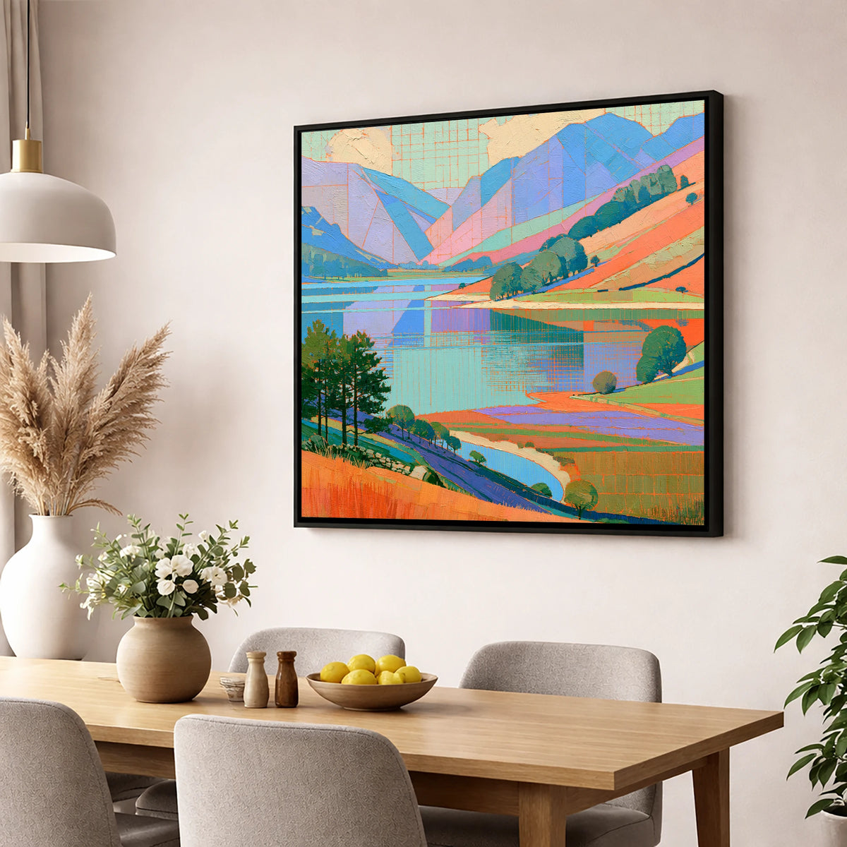 Vibrant Fells Over Turquoise Lake lake district lake wall art displayed in a dining room