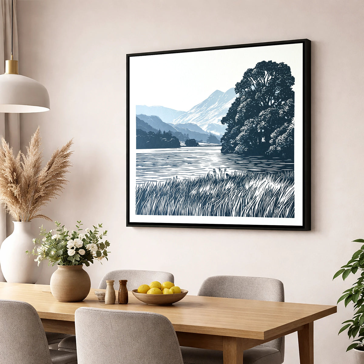 Grasmere Lake in Navy Blue lake district lake wall art displayed in a dining room