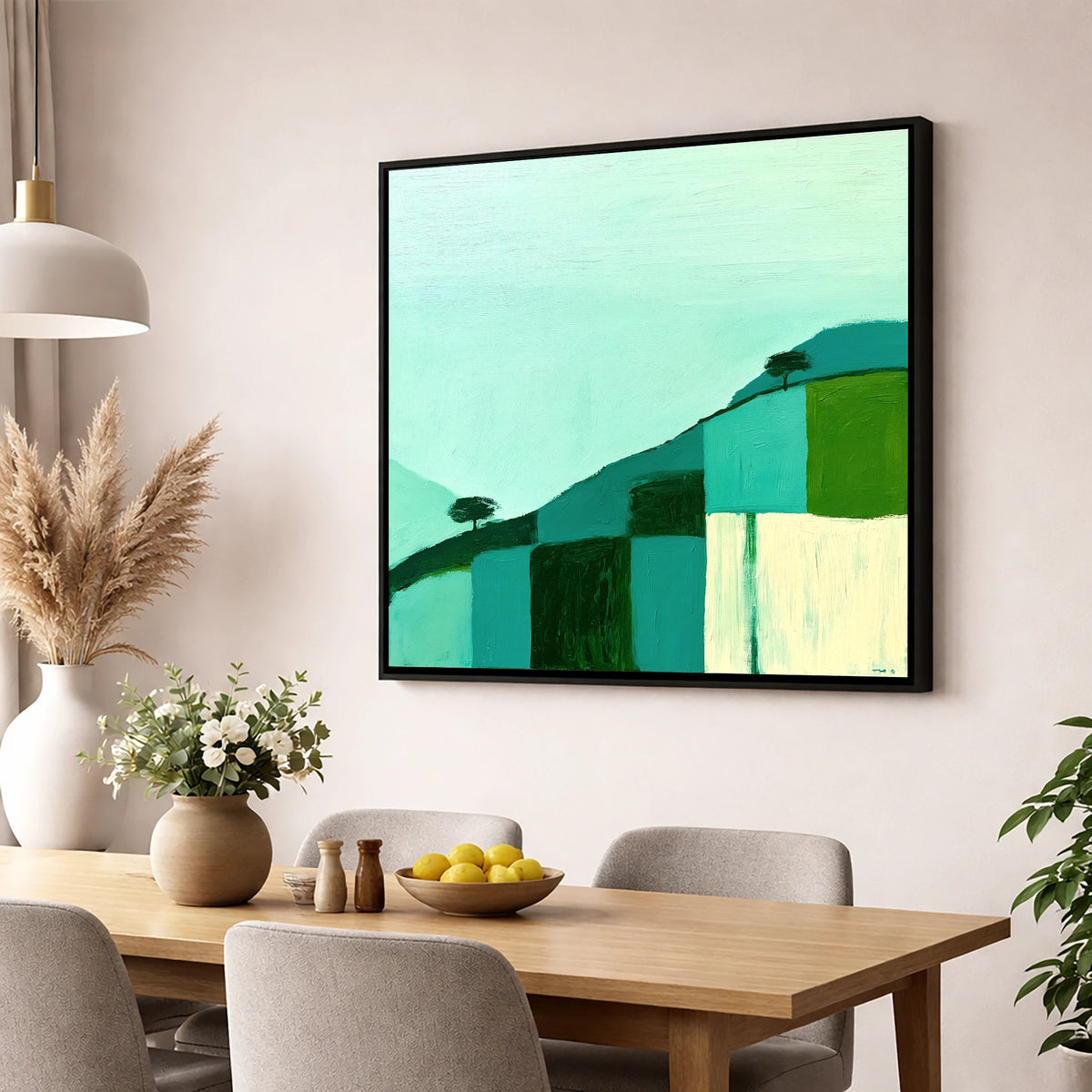Misty Teal Mountain Ridge lake district fell wall art displayed in a dining room