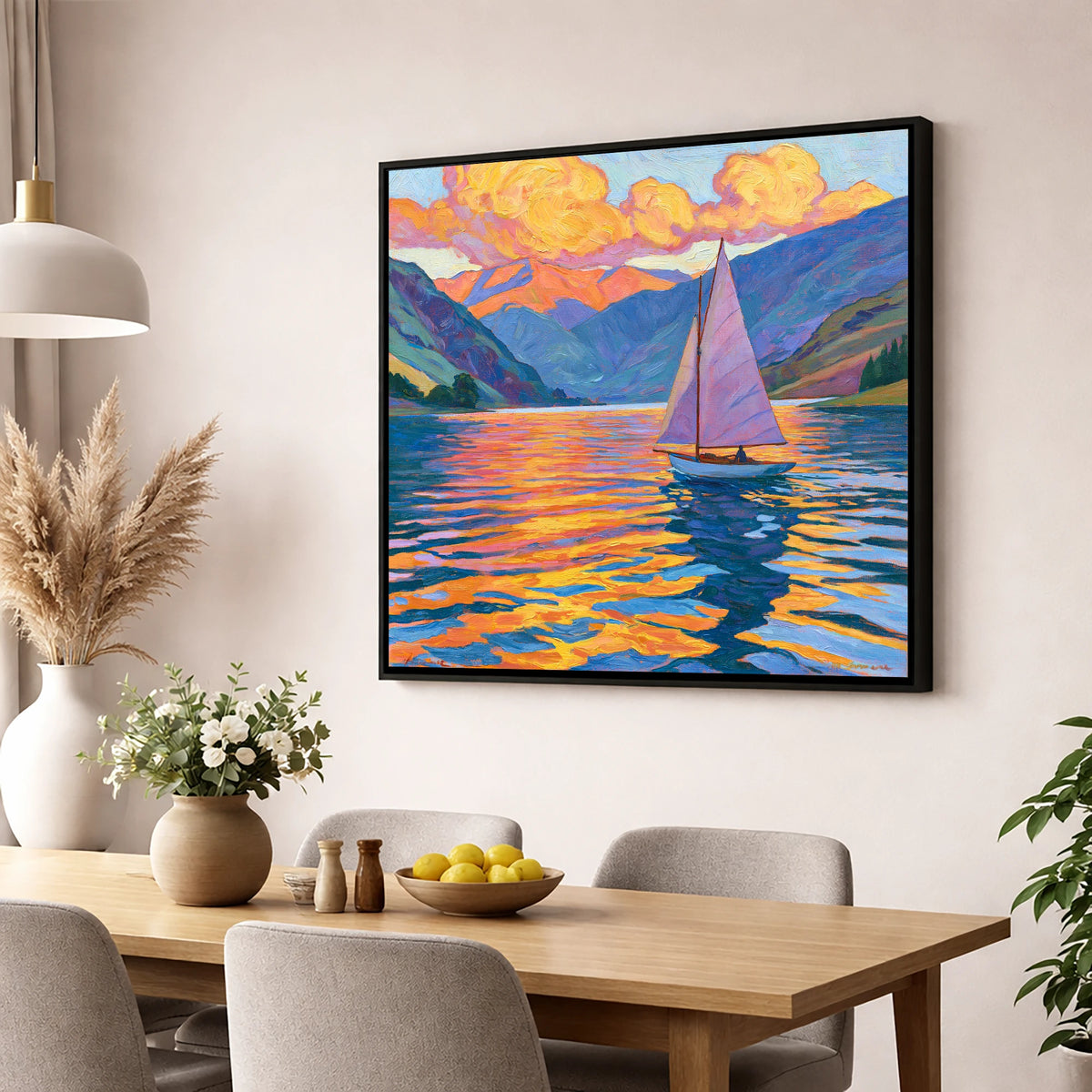 Sailing the Lake at Golden Hour lake district walking wall art displayed in a dining room