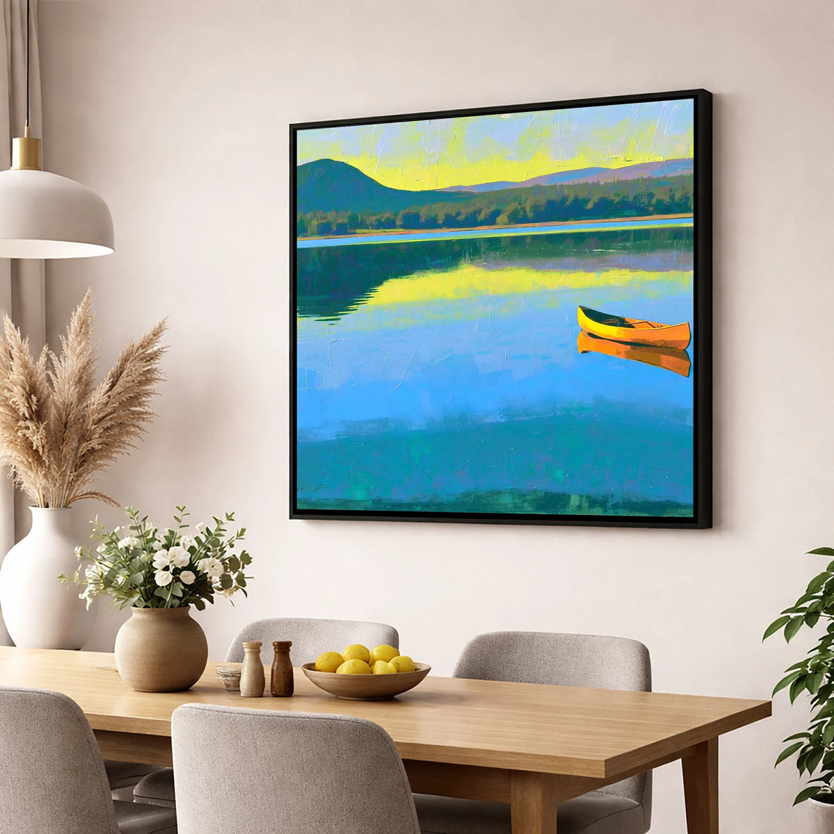 Bold Yellow Canoe on Windermere lake district lake wall art displayed in a dining room