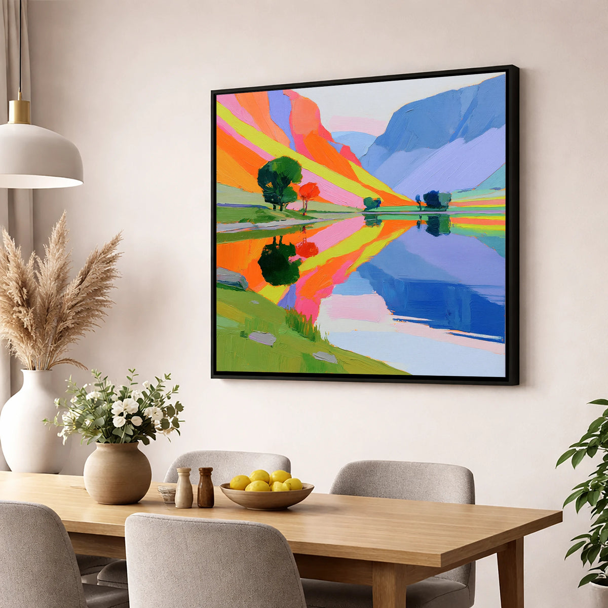 Bright Fells Reflected in Calm Lake lake district lake wall art displayed in a dining room