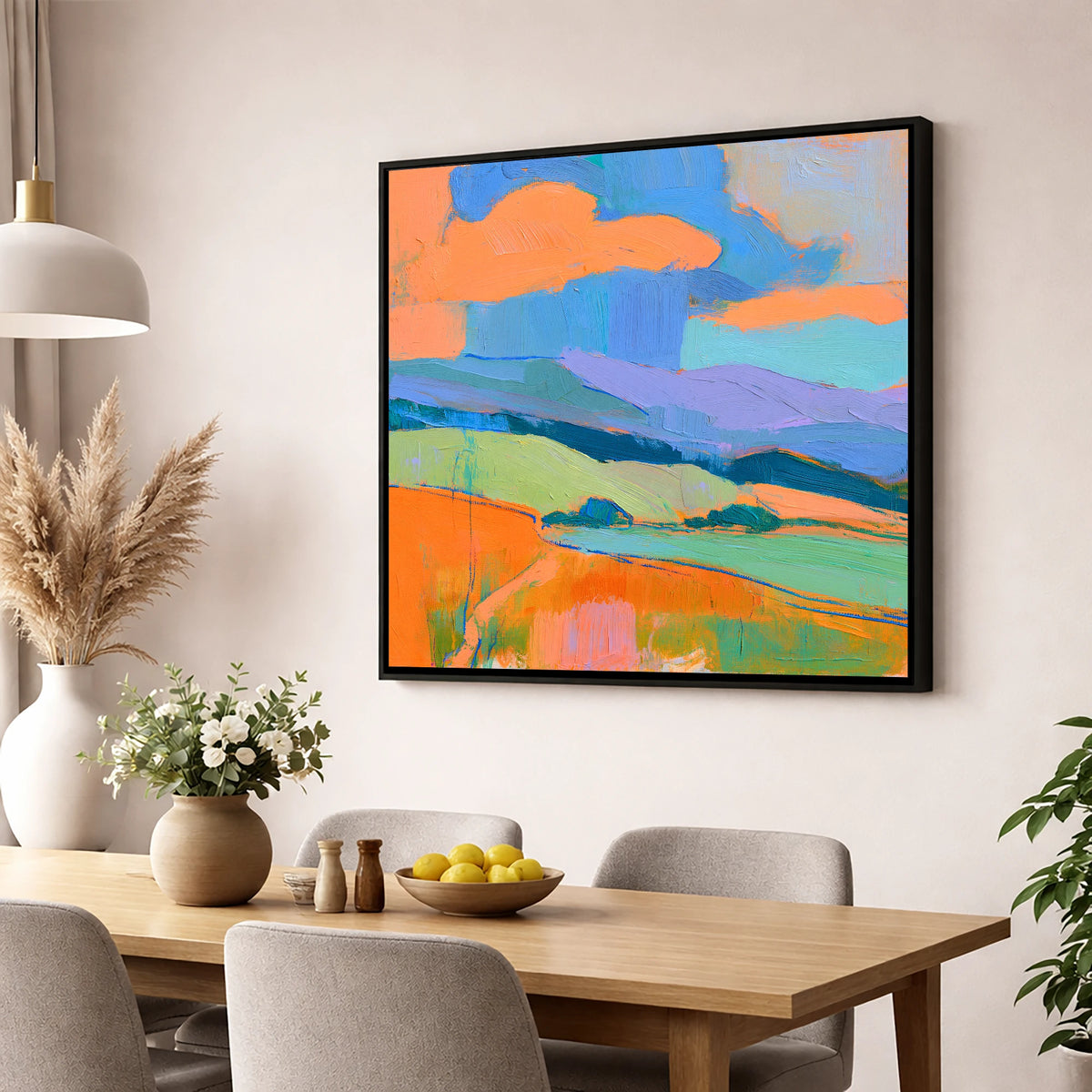 Storm Clouds Over Colourful Fells lake district sky wall art displayed in a dining room