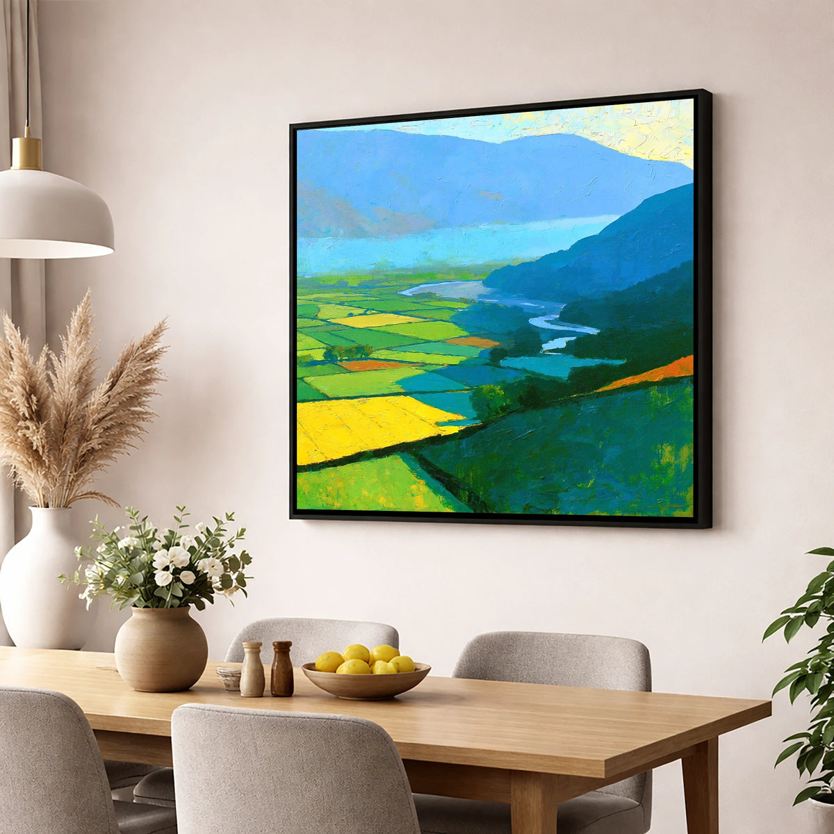Sunlit Valley Fields and Winding River lake district sky wall art displayed in a dining room