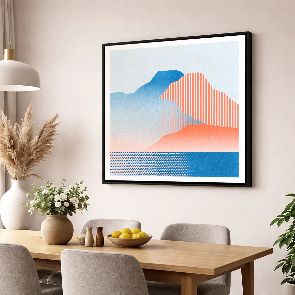 Geometric Great Gable In Coral lake district fell wall art displayed in a dining room