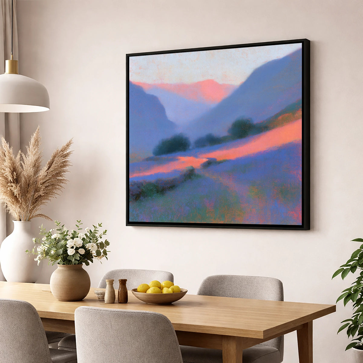 Pink Light Over Valley Drystone Wall lake district valley wall art displayed in a dining room