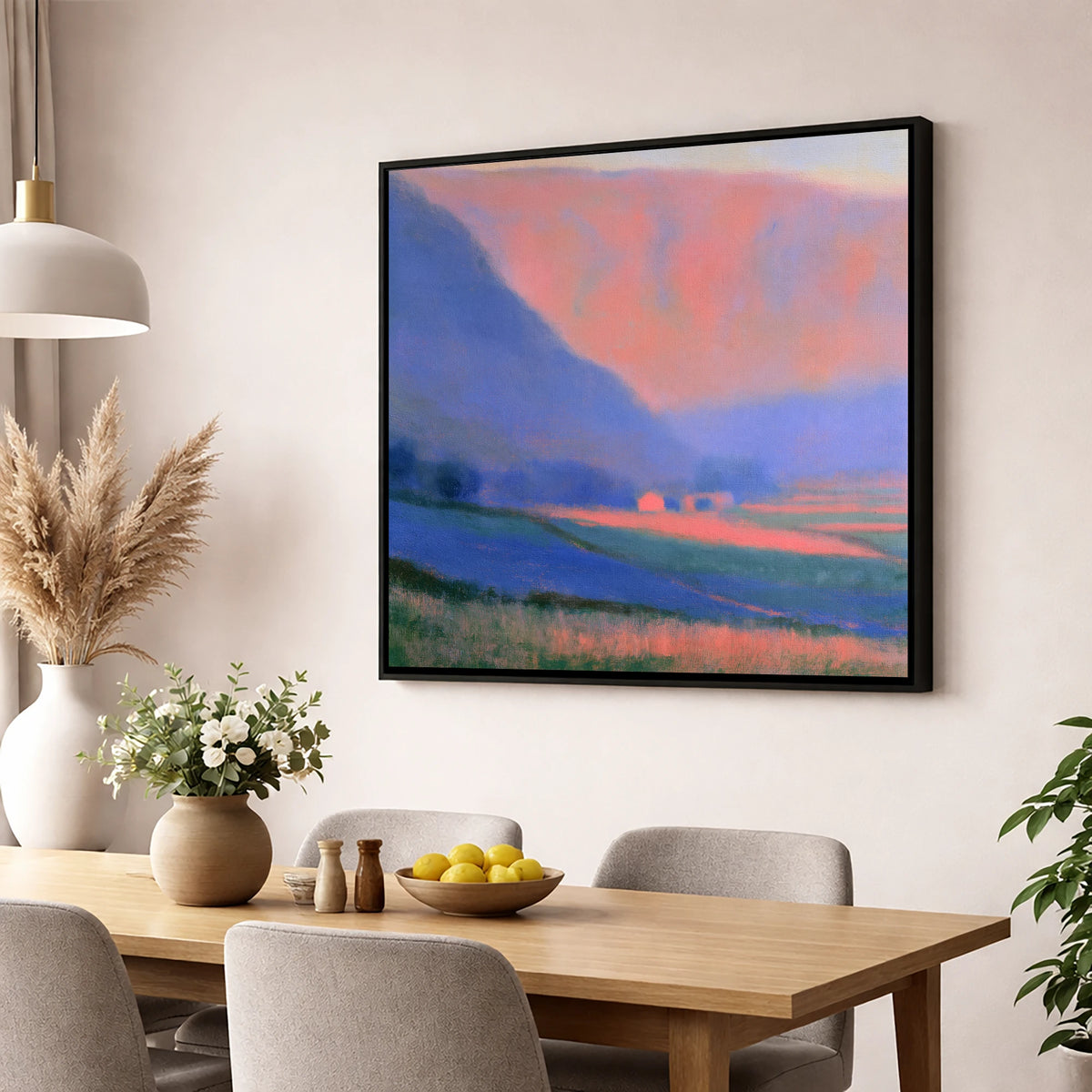 Pink Light on Patchwork Fields lake district valley wall art displayed in a dining room
