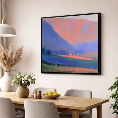 Pink Light on Patchwork Fields lake district valley wall art displayed in a dining room