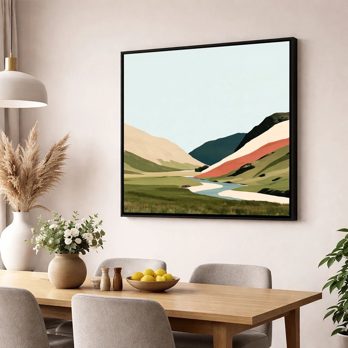 Winding River and Terracotta Fells lake district waterfall wall art displayed in a dining room