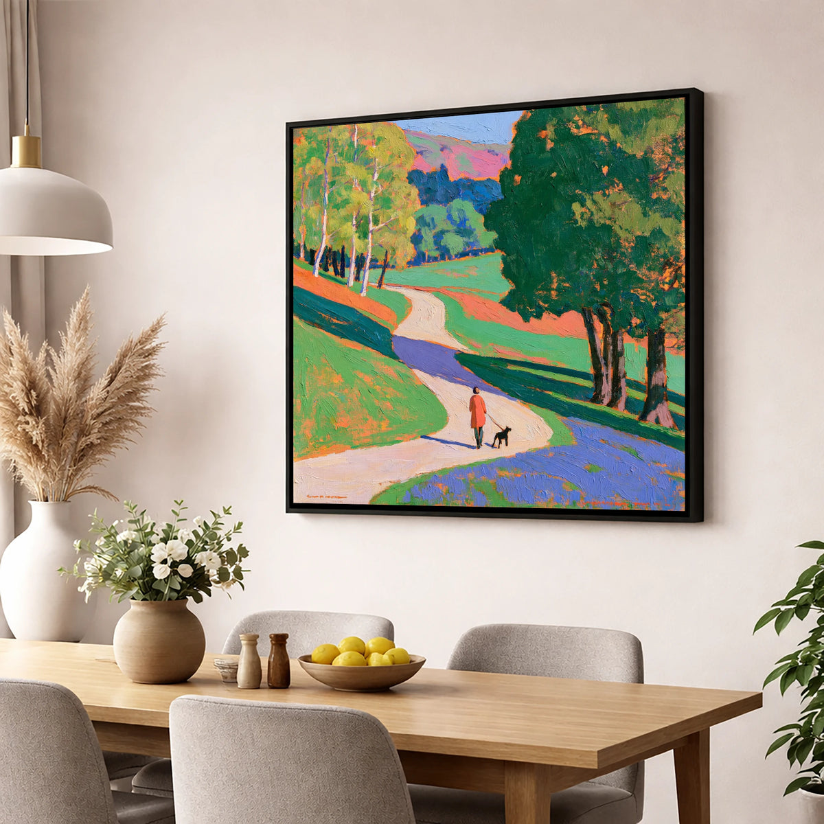 Vibrant Grasmere Dog Walk gifts for dog walkers wall art displayed in a dining room