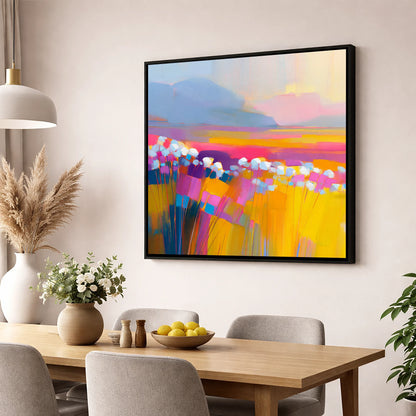 Vibrant Bog Cotton Moorland lake district wildflower wall art displayed in a dining room