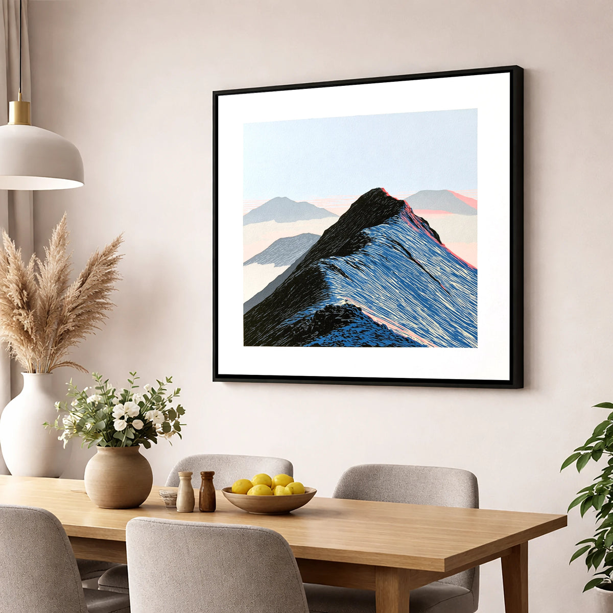 High Mountain Ridge Above Mist lake district fell wall art displayed in a dining room