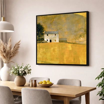 Stone Cottage in Golden Ochre lake district village wall art displayed in a dining room