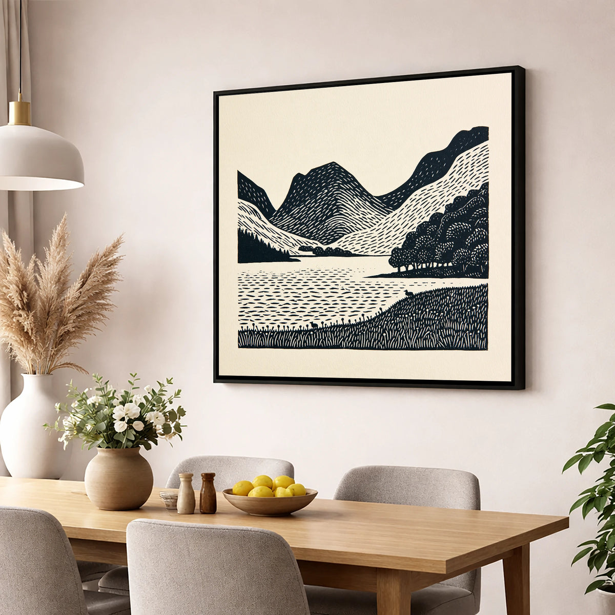 Bold Fells Above Buttermere lake district lake wall art displayed in a dining room