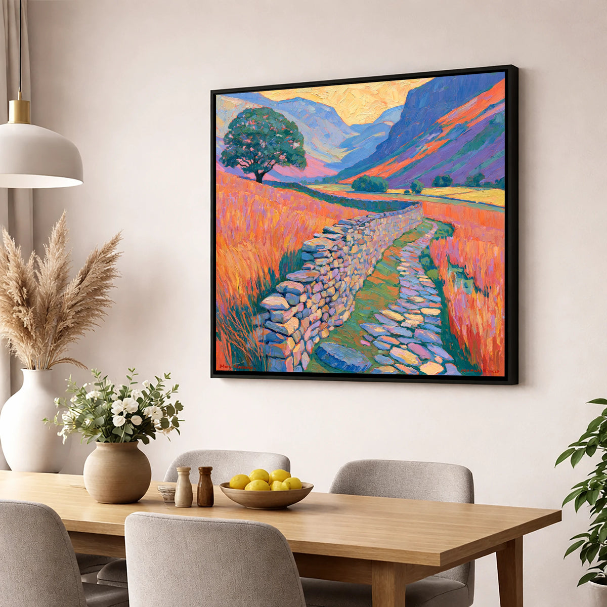 Drystone Wall Through Golden Valley lake district valley wall art displayed in a dining room