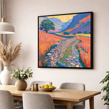 Drystone Wall Through Golden Valley lake district valley wall art displayed in a dining room