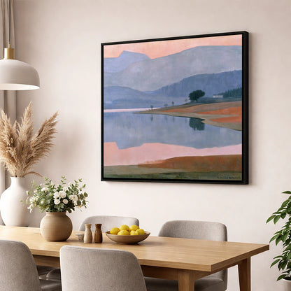 Lavender Fells and Still Lake lake district lake wall art displayed in a dining room