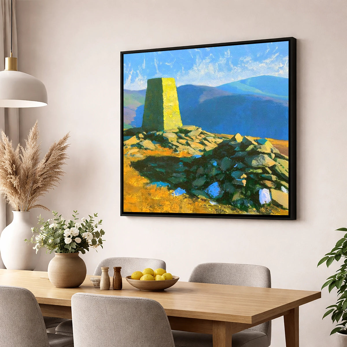 Sunlit Binsey Summit Trig Pillar lake district fell wall art displayed in a dining room
