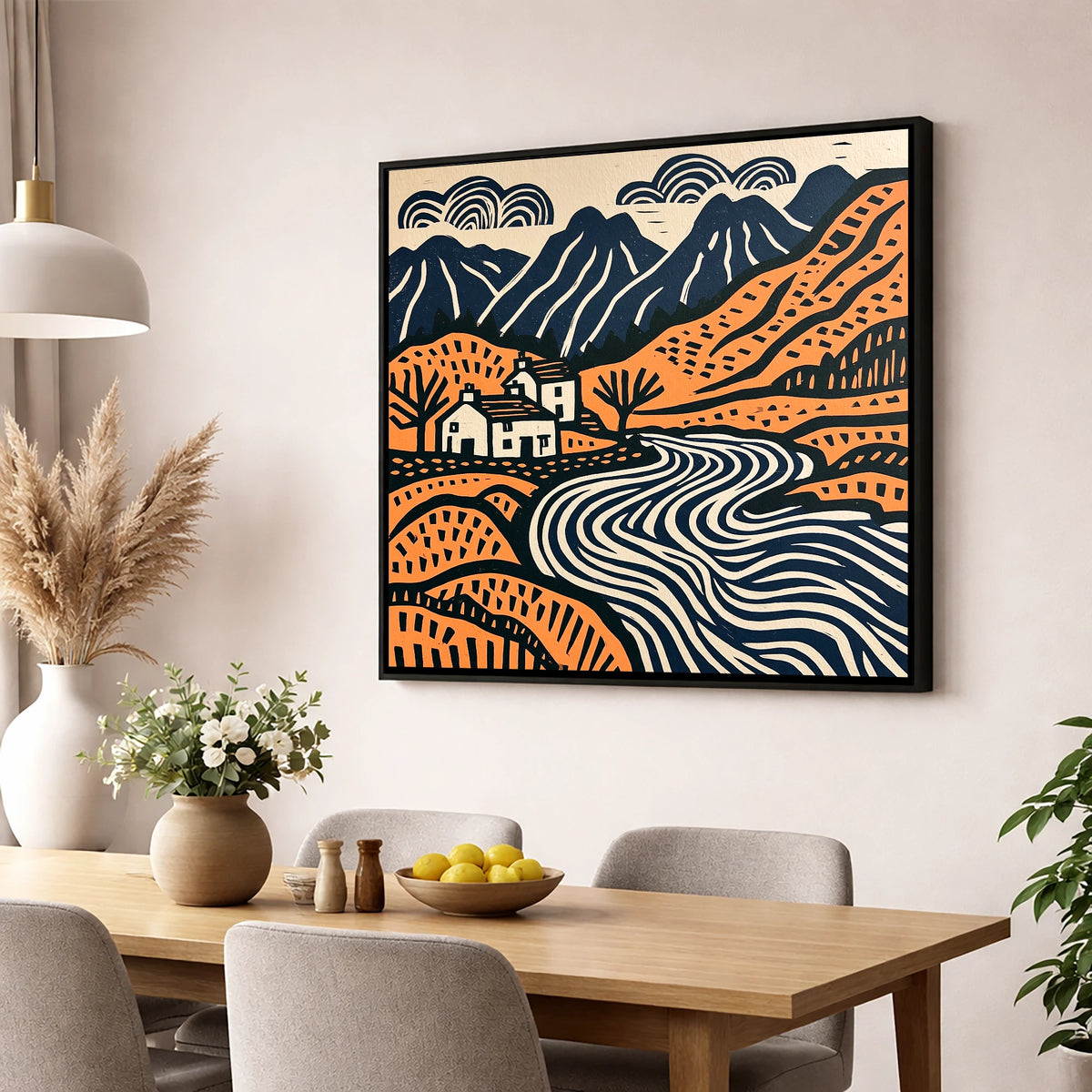 Grasmere Valley in Terracotta and Navy lake district lake wall art displayed in a dining room
