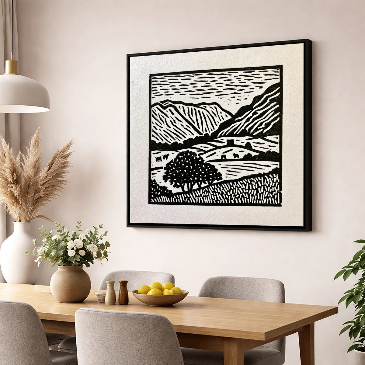 Monochromatic Borrowdale Valley Landscape lake district valley wall art displayed in a dining room
