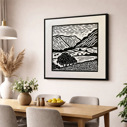 Monochromatic Borrowdale Valley Landscape lake district valley wall art displayed in a dining room