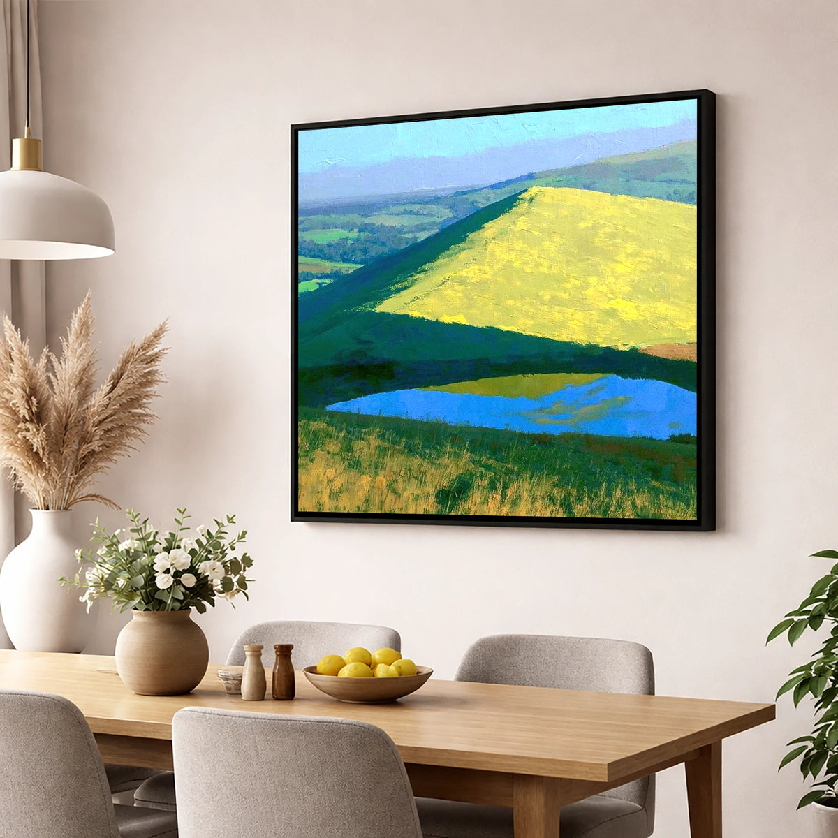Bright Sunlight on Longlands Fell lake district fell wall art displayed in a dining room