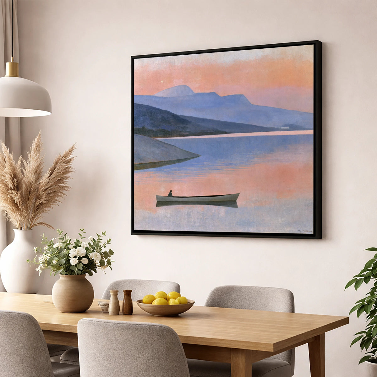 Twilight Lake with Lone Boat lake district lake wall art displayed in a dining room