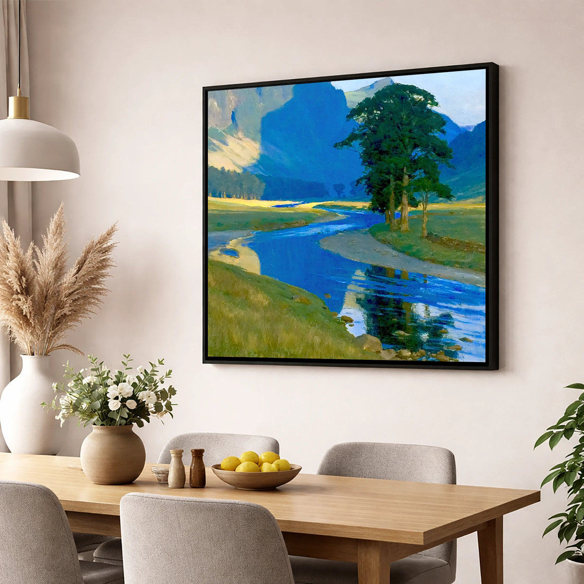 Vivid Winding Valley River lake district waterfall wall art displayed in a dining room
