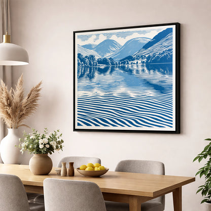 Cobalt Blue Lake Reflections lake district lake wall art displayed in a dining room