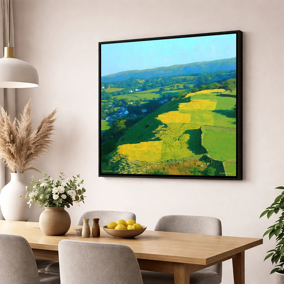 Sunlit Patchwork on Baystones Ridge lake district fell wall art displayed in a dining room