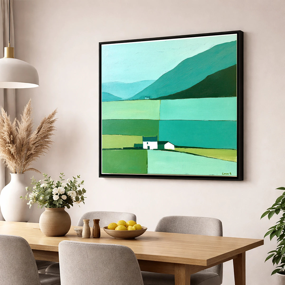 Grasmere Valley in Teal and Mint lake district lake wall art displayed in a dining room