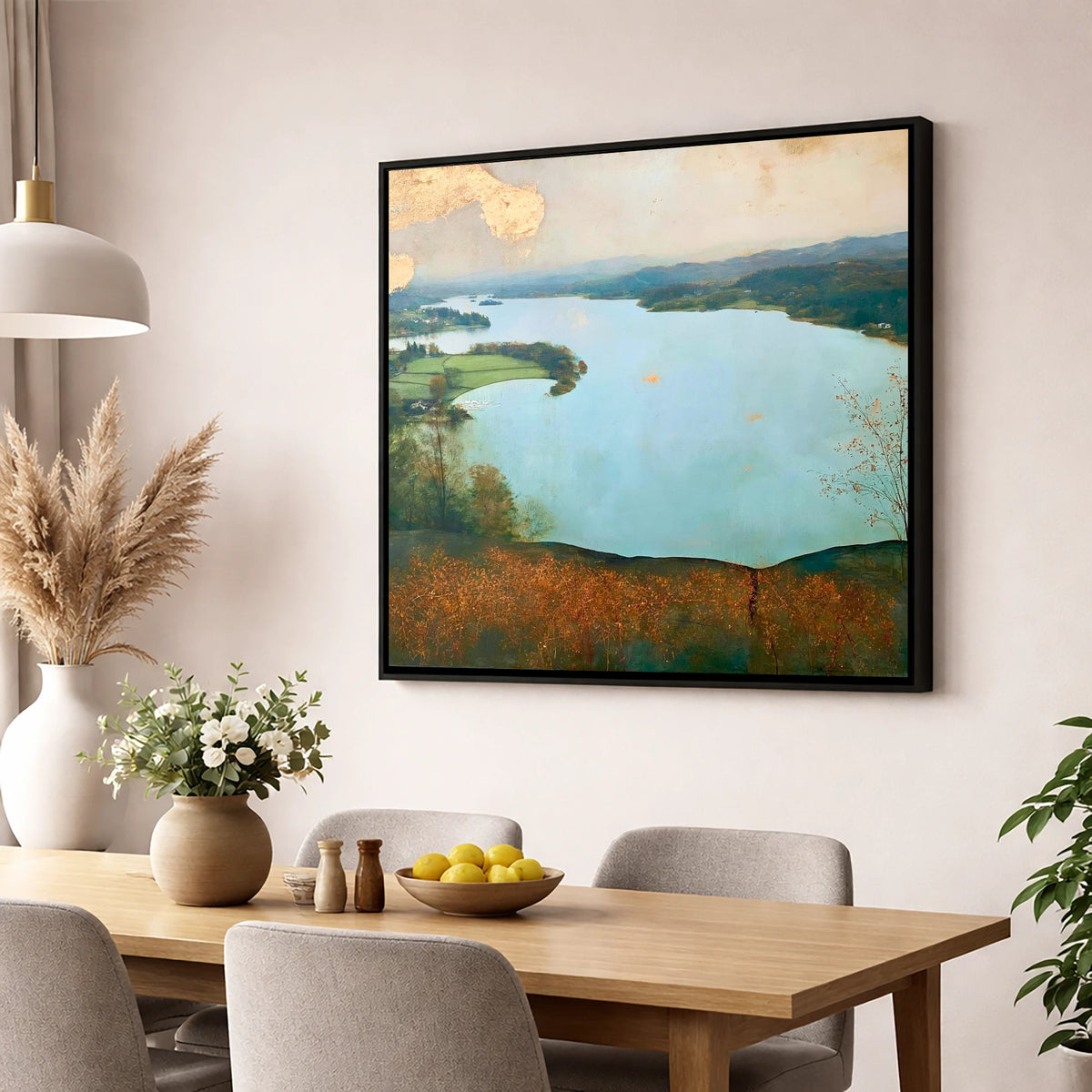 Windermere Over Autumn Bracken lake district lake wall art displayed in a dining room
