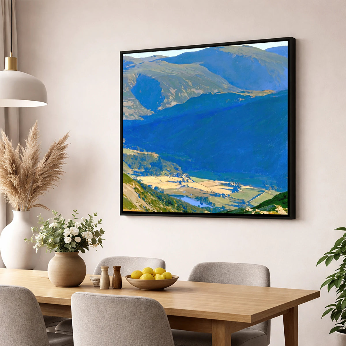 Sunlit Patterdale from Place Fell lake district village wall art displayed in a dining room