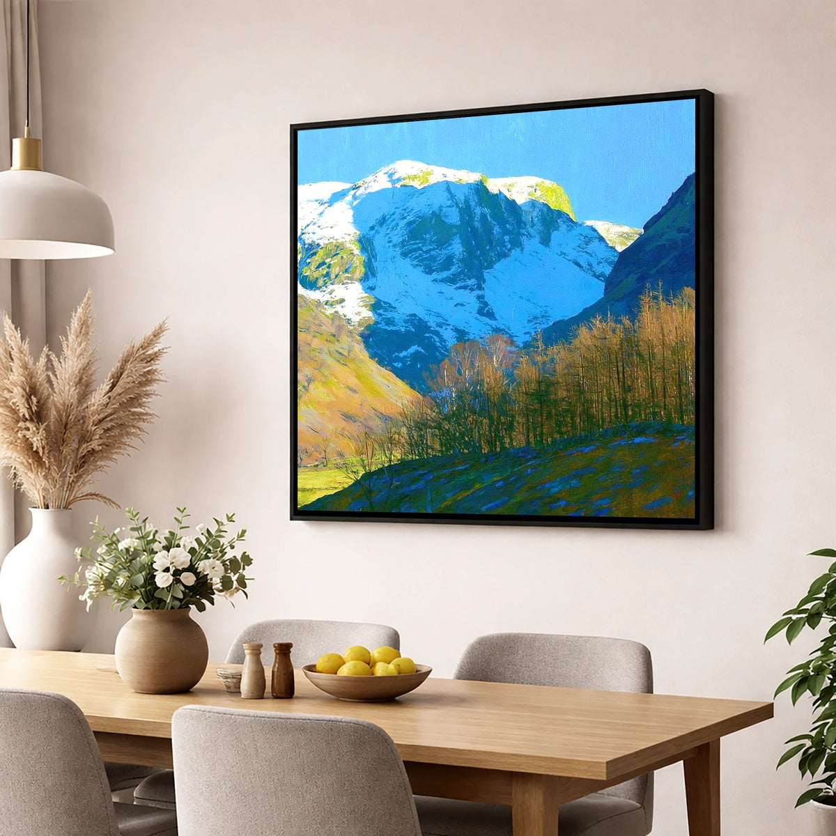 Eagle Crag in Winter Sun lake district fell wall art displayed in a dining room