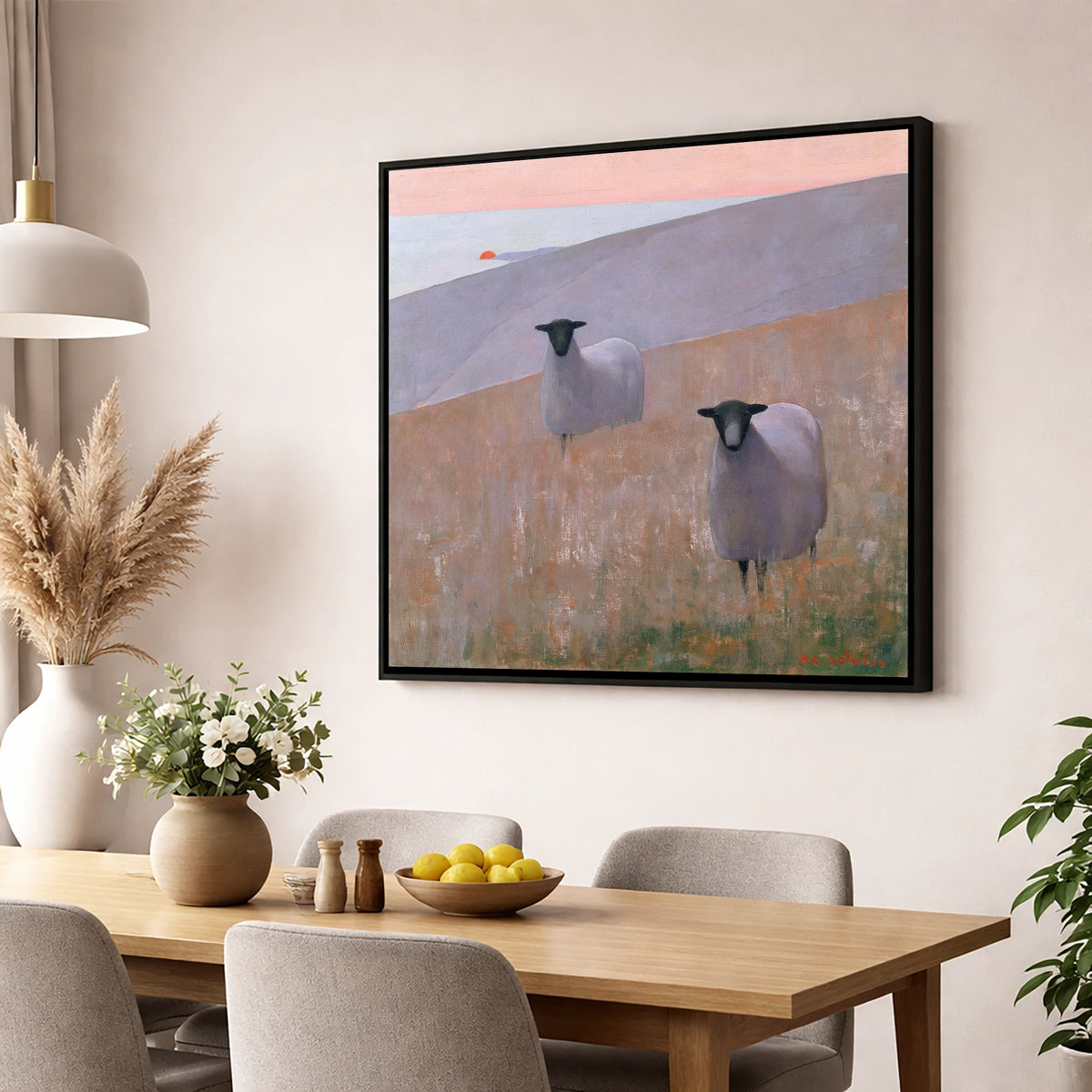 Herdwick Sheep on Lavender Fells lake district wildlife wall art displayed in a dining room
