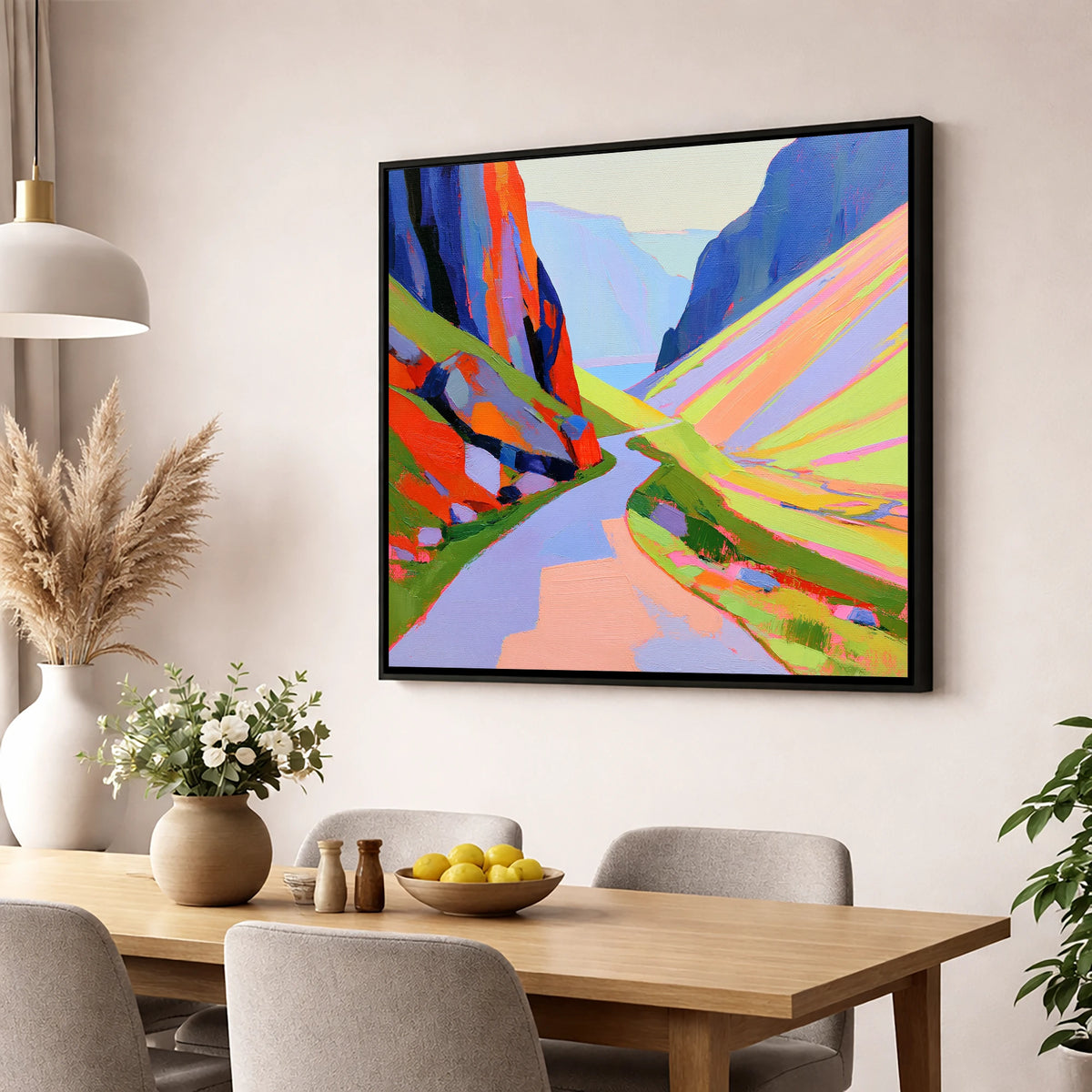 Winding Pass in Bold Hues lake district valley wall art displayed in a dining room