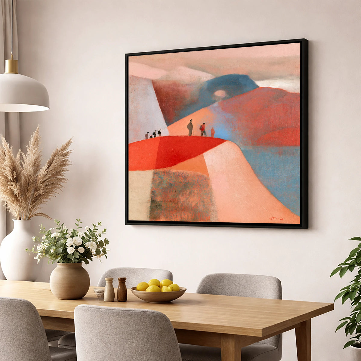 Hikers on a Terracotta Ridge lake district fell wall art displayed in a dining room