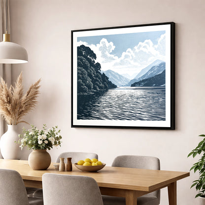 Deep Blue Coniston Water Fells lake district lake wall art displayed in a dining room