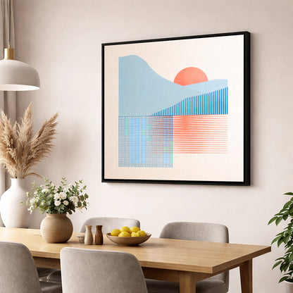 Geometric Still Lake Dawn lake district lake wall art displayed in a dining room