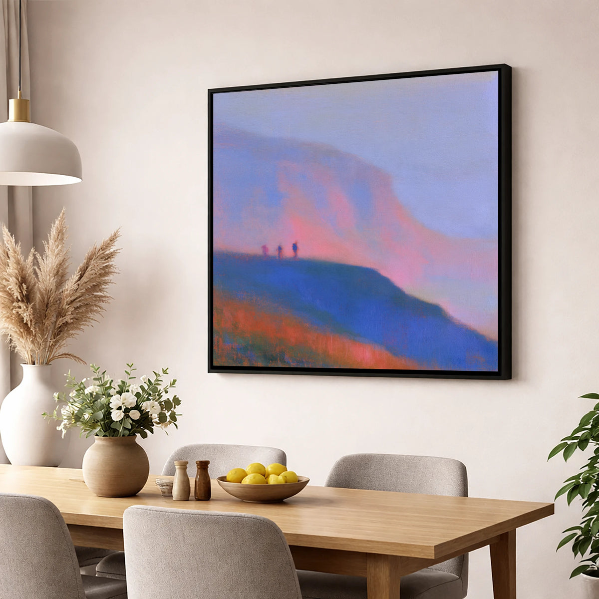 Fell Walkers in Pink Twilight lake district fell wall art displayed in a dining room