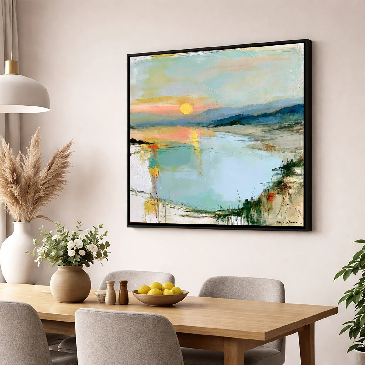 Lake Sunset in Peach and Mint lake district lake wall art displayed in a dining room