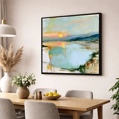 Lake Sunset in Peach and Mint lake district lake wall art displayed in a dining room