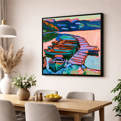 Bold Windermere Boats and Jetty lake district lake wall art displayed in a dining room