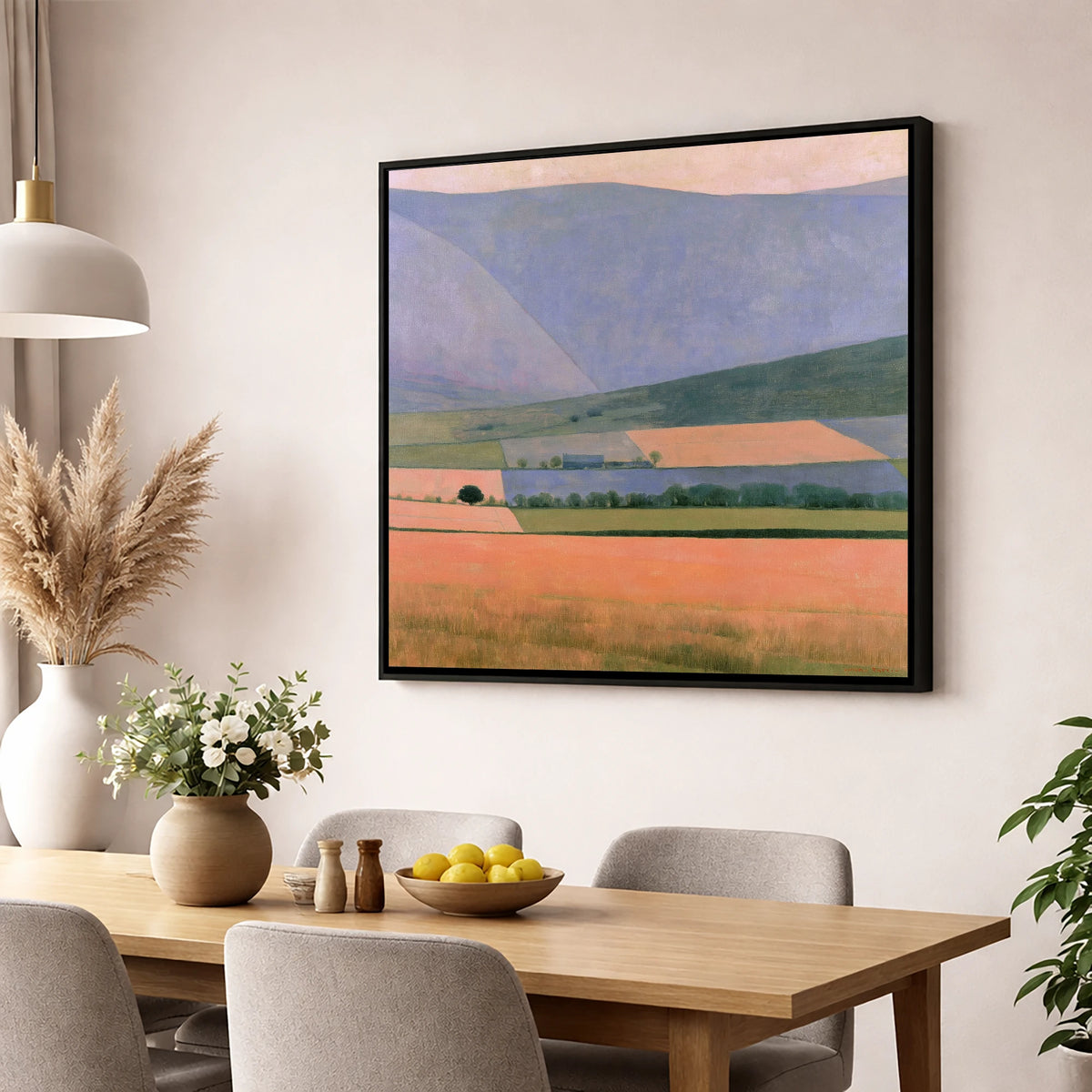 Lavender Fells Over Dale Fields lake district valley wall art displayed in a dining room