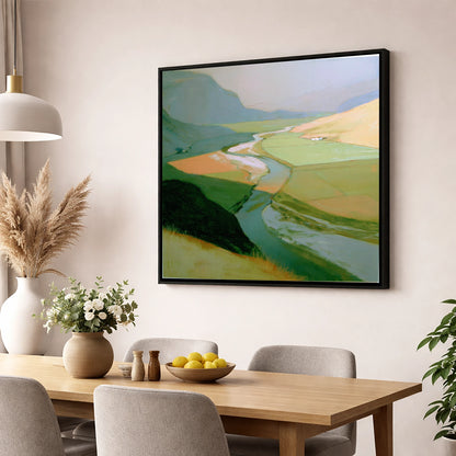 Winding River Through Sage Fells lake district waterfall wall art displayed in a dining room
