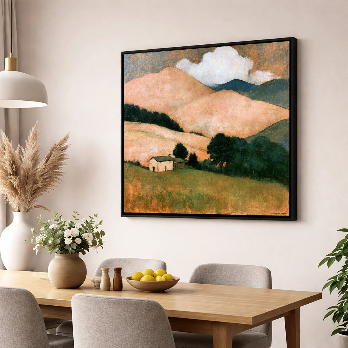 Warm Fells and White Farmhouse lake district fell wall art displayed in a dining room