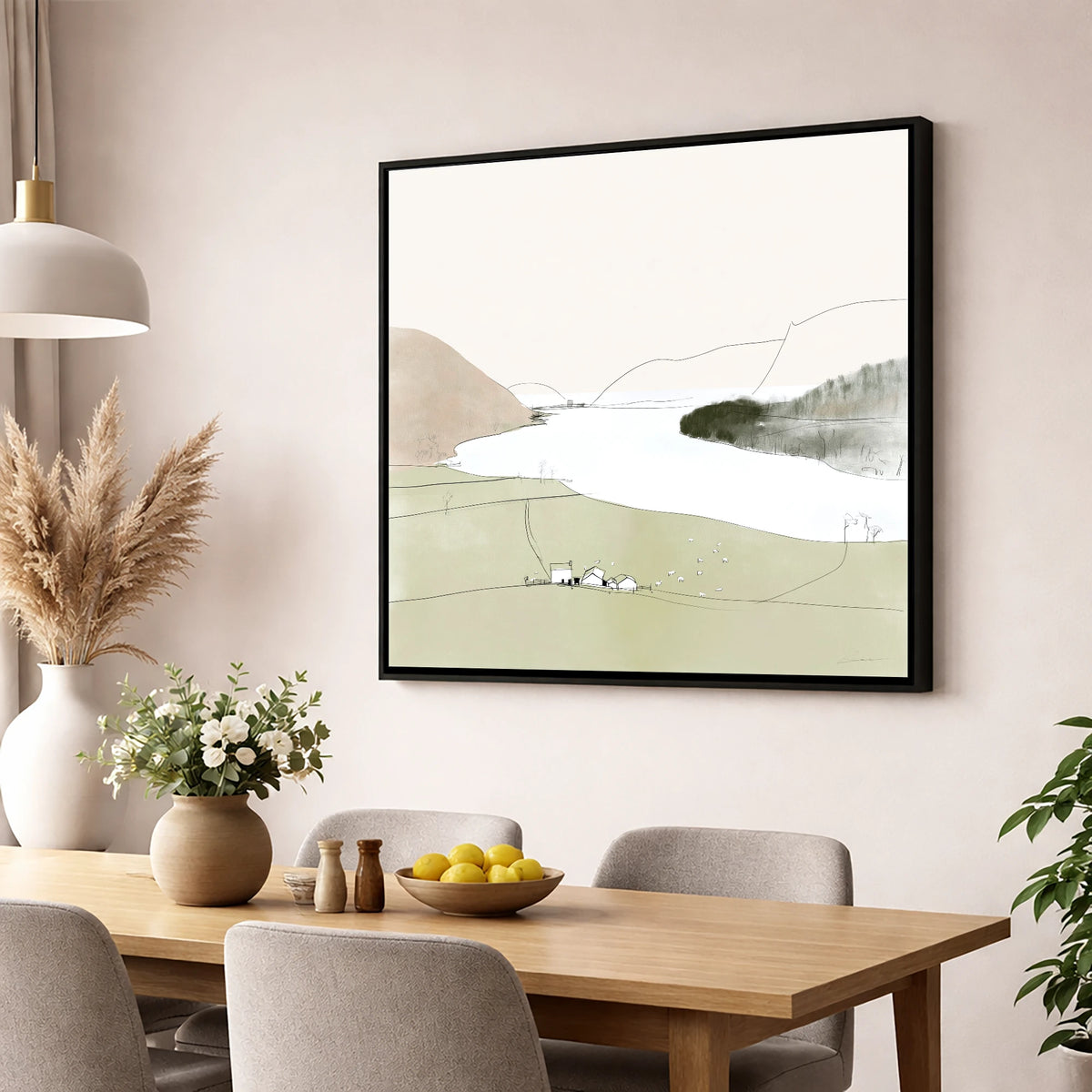 Loweswater Farm and Pale Fells lake district lake wall art displayed in a dining room
