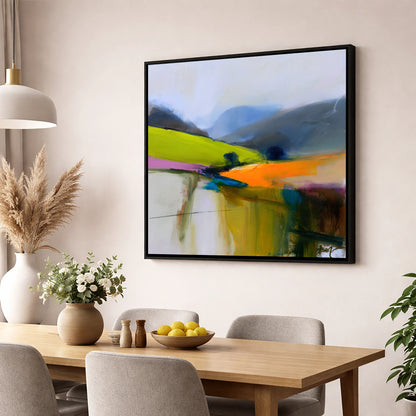 Tangerine Light on the Fells lake district sky wall art displayed in a dining room