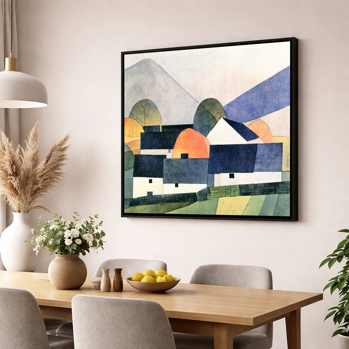 Geometric Slate Roofed Cottages lake district village wall art displayed in a dining room
