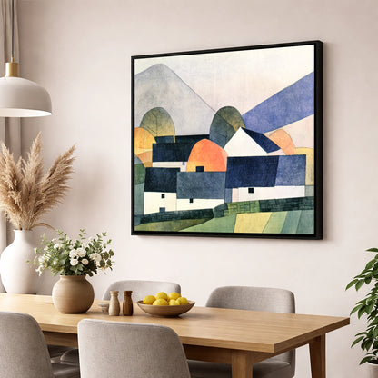 Geometric Slate Roofed Cottages lake district village wall art displayed in a dining room